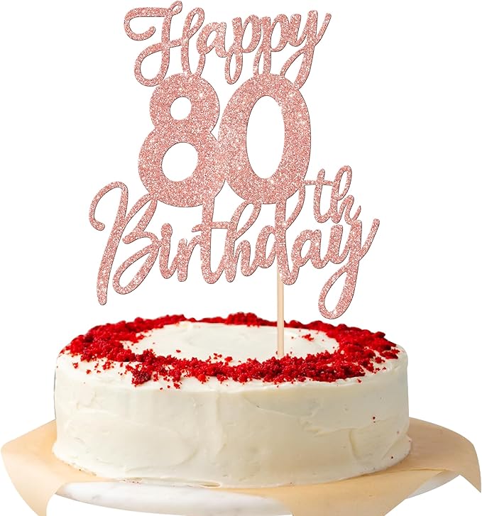 1 PCS Happy 80th Birthday Cake Topper Glitter Cheers to 80 Years Birthday Cake Pick Eighty Hello 80 Fabulous Cake Decorations for Happy 80th Birthday Anniversary Party Supplies Rose Gold