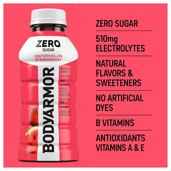 BODYARMOR ZERO Sugar Watermelon Strawberry, Sugar Free Sports Drink - Low-Calorie Hydration - Natural Flavors with Potassium Packed Electrolytes, Antioxidants, and B-vitamins, 12 fl oz (Pack of 8)