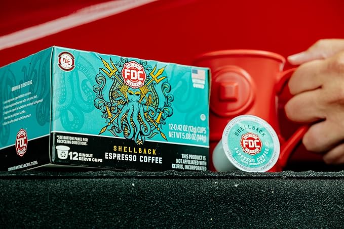 Fire Department Coffee - Gives Back to Firefighters - Bold & Smooth Shellback Espresso Coffee Pods - Roasted in the USA - Premium Espresso K Cups - Veteran Owned - 12 Single Pods