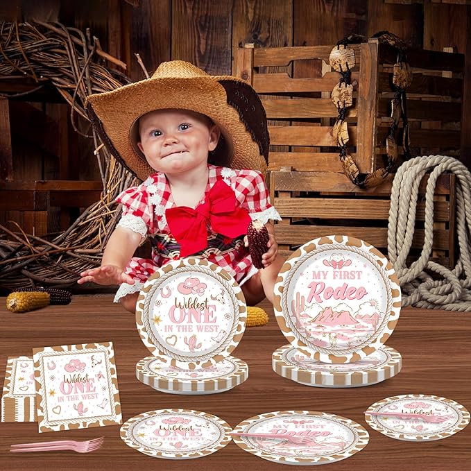 96Pcs My First Rodeo Birthday Plates and Napkins Western Cowgirl 1st Birthday Party Decorations Wild West One Dessert Disposable Paper Plates Pink Tableware Set for 24 Guests Kids Girls Party Supplies