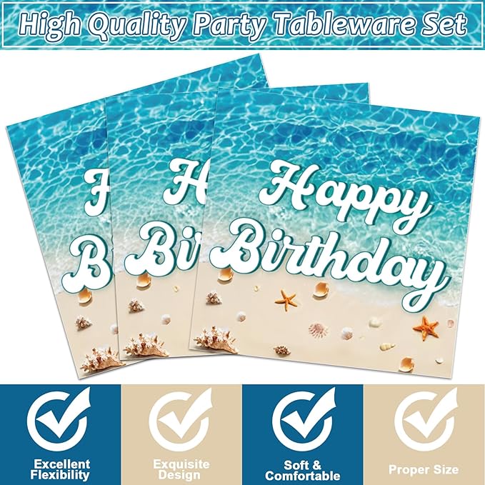 96Pcs Beach Happy Birthday Plates and Napkins Ocean Waves Ocean Seashell Party Decorations Beach Themed Party Dessert Plates Summer Pool Tableware for 24 Guests Hawaiian Supplies