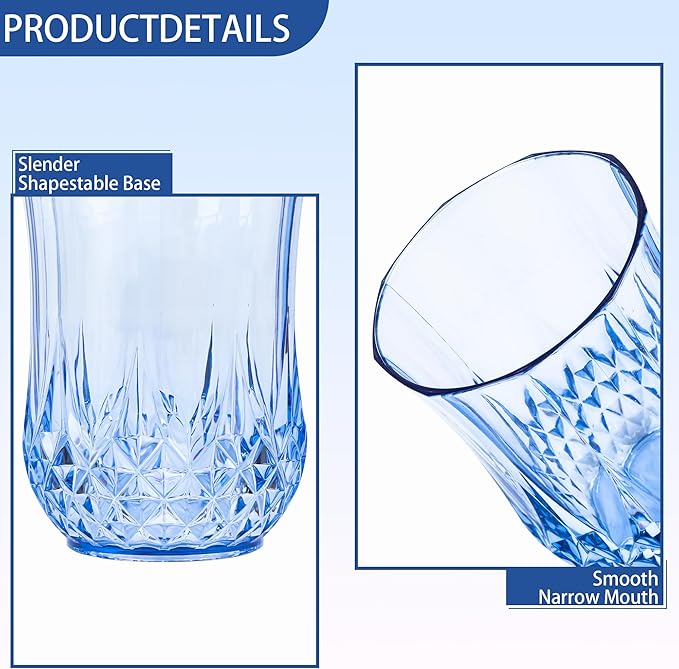 12 PCS Blue Stemless Wine Glasses,Plastic Reusable Cups 9OZ Vintage Drinking Glasses Tumblers for Whisky, Beer, Juice, Beverages, Cocktai