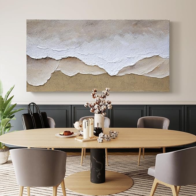 Artaanchuil Hand Painted Beach Waves Textured Wall Art - White and Brown Oil Painting 24x48 Inch Rectangle Large Moden Artwork for Living Room Horizontal Wall Decor