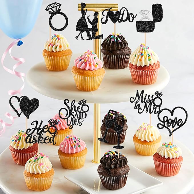 30 PCS He Asked She Said Yes Cupcake Toppers Glitter Engagement Cupcake Toppers Miss to Mrs I Do Love Heart Ring Miss to Mrs Cupcake Picks for Wedding Engagement Party Cake Decorations Supplies Black