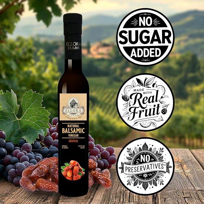 Ellora Farms, Date Balsamic Vinegar, Thick and creamy, Barrel aged, No-added sugar, Award Winning, Glass bottle, 8.45 oz., Pack of 1