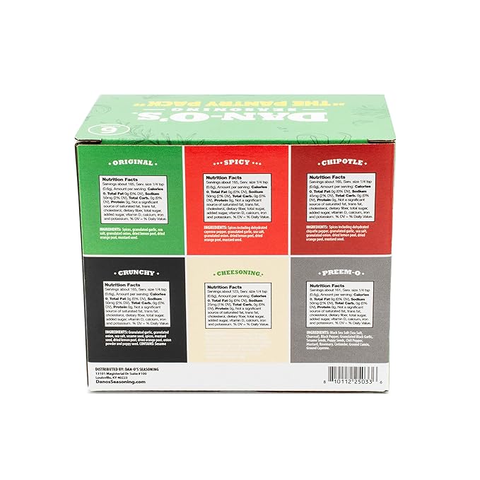 Dan-O's 6 Bottle Seasoning Set, Small Bottles, 6 Pack, Includes Original, Spicy, Chipotle, Crunchy, Cheesoning and Preem-O Seasonings, Sugar Free, Zero Calorie, All-Purpose Seasoning Kit