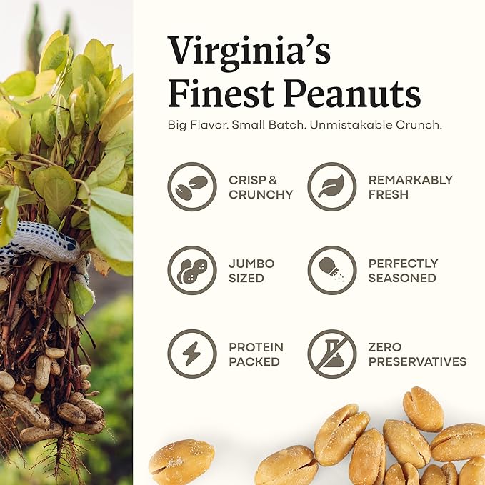 Belmont Peanuts Gourmet Sea-Salted Virginia Peanuts, 20 oz (1 Pack) ??Only 3 Simple Ingredients, No Preservatives, 7g Protein ??A Premium, Salty, Crunchy, Hand Seasoned Snack