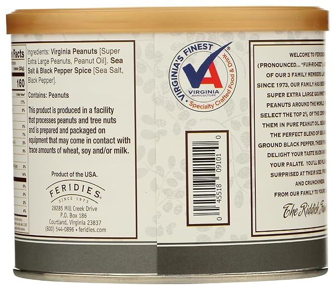 FERIDIES Salt and Pepper Peanuts, Super Extra Large Salted Virginia Peanuts, 9oz CAN