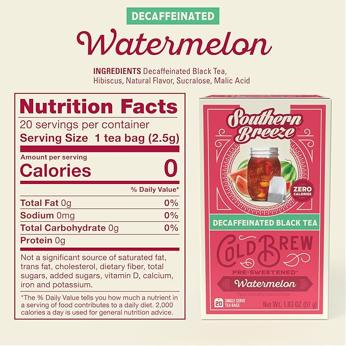 Southern Breeze Cold Brew Sweet Tea Watermelon Iced Tea with Black Tea and Zero Carbs Zero Sugar, 20 Individually Wrapped Tea Bags Southern Sweet Tea Iced Tea Beverage
