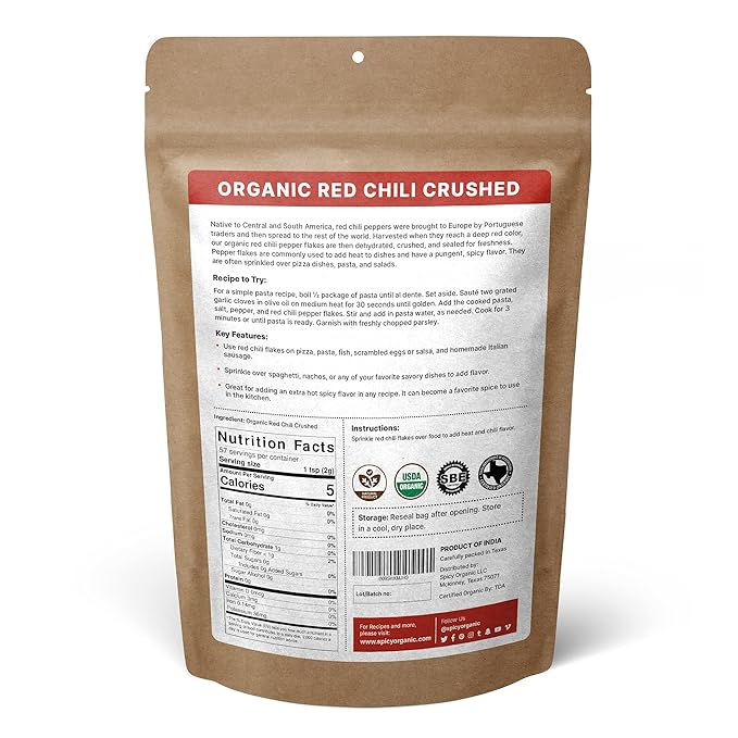 SPICY ORGANIC Crushed Red Pepper Flakes 4 oz. - Robust Chili Peppers Seasoning Spice - USDA Organic, Kosher, Non-GMO- Ideal for Pizza, Pastas, Salads, Sauces, Stews, Marinades and Pickled Vegetables