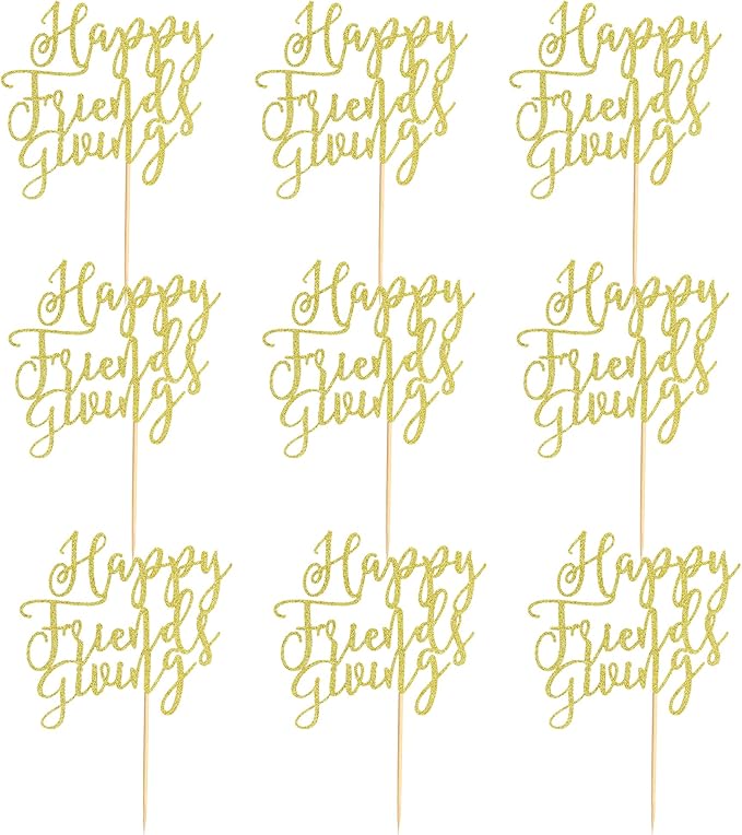 24Pcs Happy Friendsgiving Cupcake Toppers Fall Theme Thanksgiving Cupcake Picks Give Thanks Cake Decorations for Happy Thanksgiving Day Theme Birthday Party Supplies - Gold Glitter