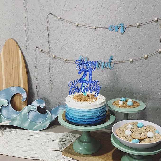 ZHUOWEISM 1 PCS Blue Glitter Cake Topper, Happy 21st Birthday, Cheers to 21 Years, 21 Fabulous, for Birthday Anniversary Party Decorations Supplies