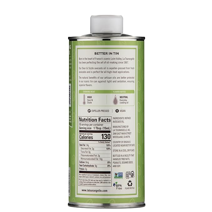 La Tourangelle, Sear & Sizzle Avocado Oil, Handcrafted from Premium Avocados, High Smoke Point Refined Oil Great for High Heat Cooking, Frying, Cast Iron Seasoning, 25.4 fl oz