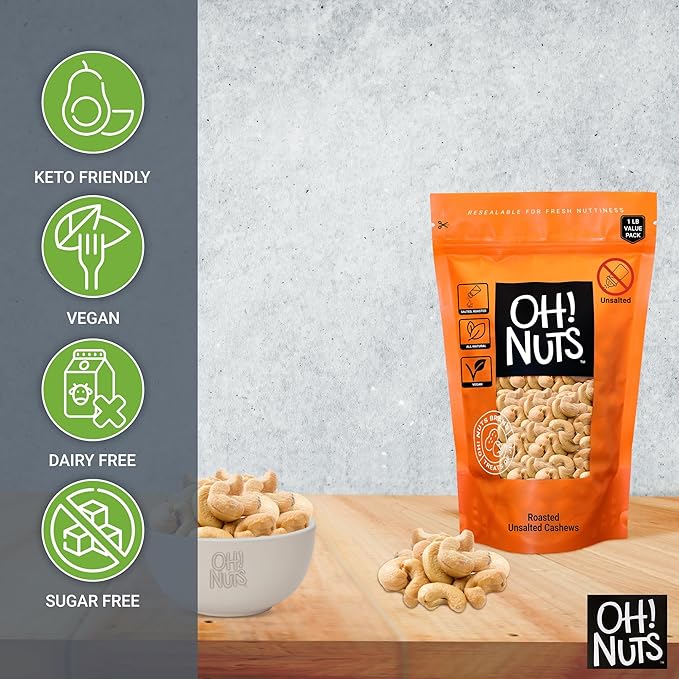Oh! Nuts Cashews Roasted Unsalted - 1 lb - Roasted Unsalted Cashews - Packed in New York Zip-Seal Bag for Exceptional Freshness