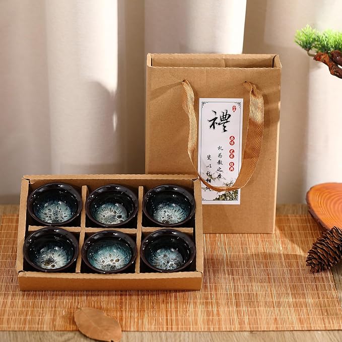 Skyley 6 Pieces Korean Soju Shot Glasses Sets Porcelain Cups Korean Ceramic Cups Tea Accessories Drinkware, Handcrafted Ceramic(Dark Brown,Sand Gold Pattern)