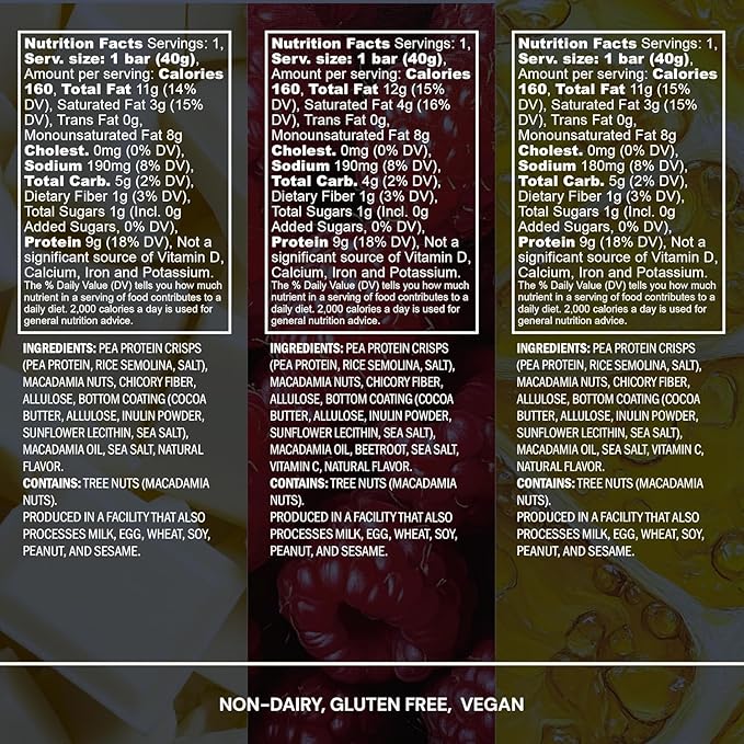Blueprint by Bryan Johnson Macadamia Nut Protein Bars ??Variety Pack Protein Bars - Lemon, White Cocoa & Raspberry ??Vegan, Low Sugar, Keto-Friendly Snacks ??Non-GMO, Raw Nut Bar??9g Protein ??12 Pack
