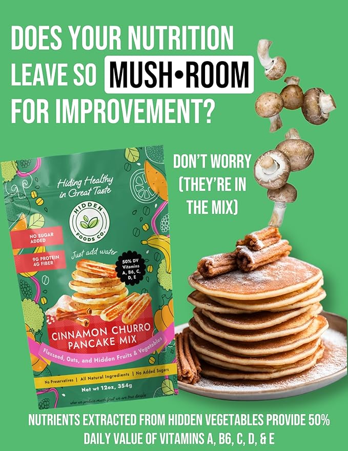 Hidden Foods Cinnamon Pancake Golden Brown Monk Fruit Cinnamon Bun Pancake - Fiber and Protein Churro Pancake Mix with Wheat & Oat Flour Blend of Vegetables - Fully Fiber Waffle Mix Meal 2 Pack