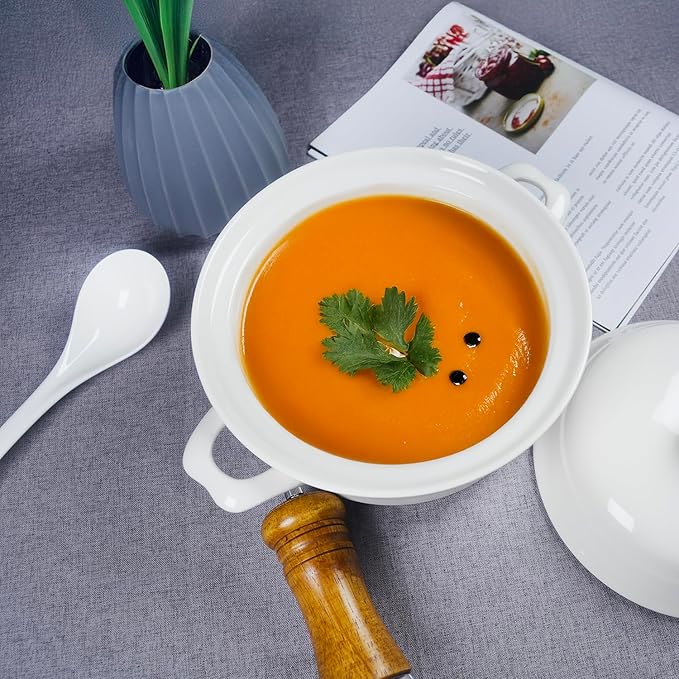 Casserole dish with Lid and soup spoon, Ceramic Serving Soup Tureen, 1.8 QT White French Serving Tureen, Lovely Soup Pot for Pasta Noodles Stew, Casserole Cookware Microwave Dishwasher Safe