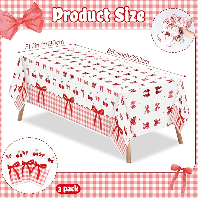 3Pcs Bow Party Tablecloths - Red Cherry Party Table Covers Decorations Coquette Bow Rectangular Plastic Disposable Table Cloth Decor for Girls Women Kids Birthday Baby Shower Supplies