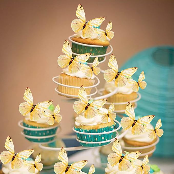72PCS Edible Butterfly Cupcake Toppers Butterfly Cupcake Picks Edible Butterfly Cupcake Decorations for Butterfly Theme Baby Shower Kids Birthday Party Cake Decorations Supplies Yellow