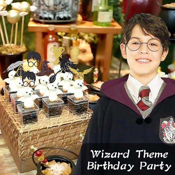 24 Pcs Black Magical Wizard Cupcake Toppers Gold Wizard Hat Flying Broomstick Cupcake Picks Magical School Theme Birthday Halloween Cake Decorations Party Supplies