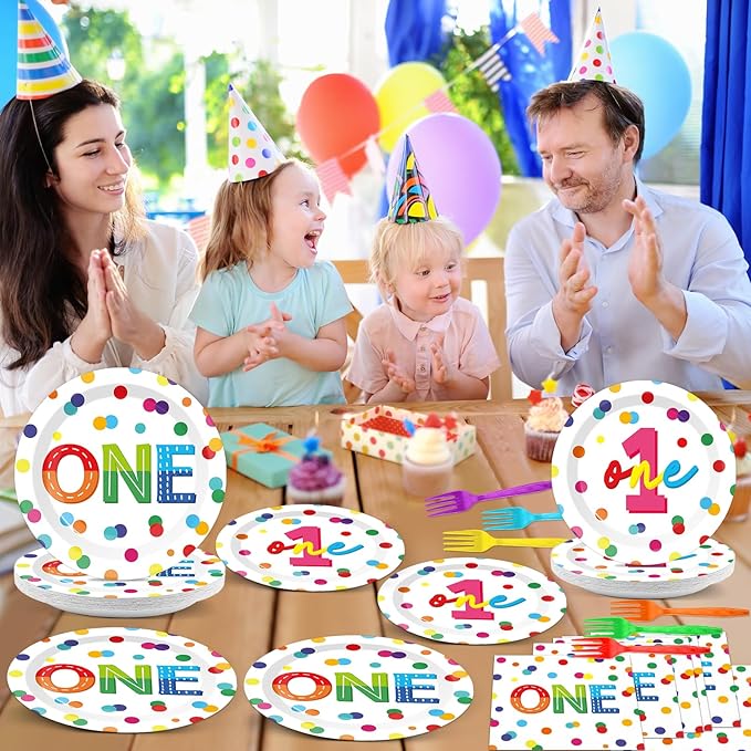 96pcs Rainbow 1st Birthday Plates and Napkins Confetti Happy Birthday Party Decorations with Polka Dot Confetti Dessert Plates Colorful 1st Tableware for 24 Guests 1 Year Old Party Supplies
