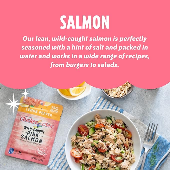 Chicken of the Sea Pink Salmon, 2.5 Ounce Packets (Pack of 12), Wild Caught Salmon, Skinless & Boneless, Lemon & Chive
