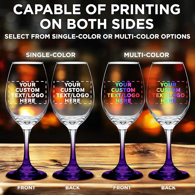 Custom Rioja Wine Glasses with Stem 10 oz. Set of 100, Personalized Bulk Pack - Color Bottom, Perfect for Wedding, Party Favors, Birthday, Bridal Shower Gifts - Purple