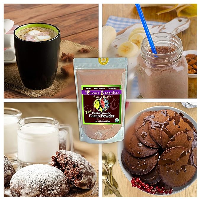 Divine Organics Raw Cacao Powder/Raw Cocoa Powder - Certified Organic - Premium Rio Arriba - Smoothies, Hot Chocolate, Baking, Shakes, Add to Coffee - Rich in Magnesium (16oz)