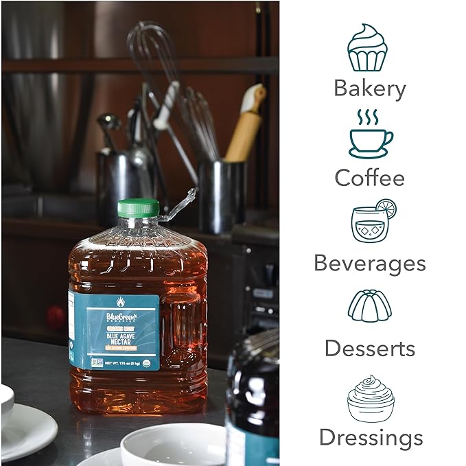BLUE GREEN ORGANICS, Agave syrup, Gluten Free, Organic, Sweetener, teas, coffees, pancakes or any baked good, Family-friendly, Sugar substitute, Light, 176 Oz