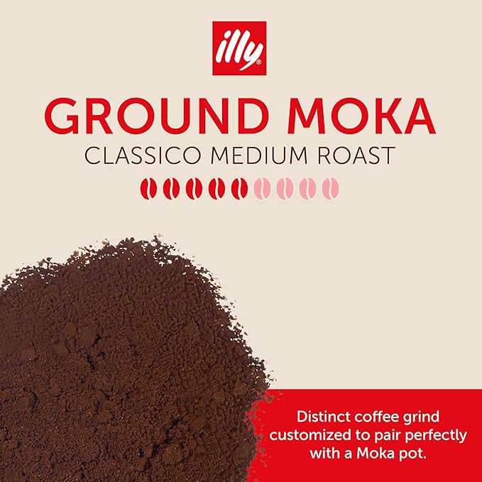 Illy Ground Moka Coffee - Classico Medium Roast - Mild & Balanced - 100% Arabica - Pre-Ground for Moka Pot - Pressurized Packaging Sealed for Freshness - 8.8oz - (Pack of 4)