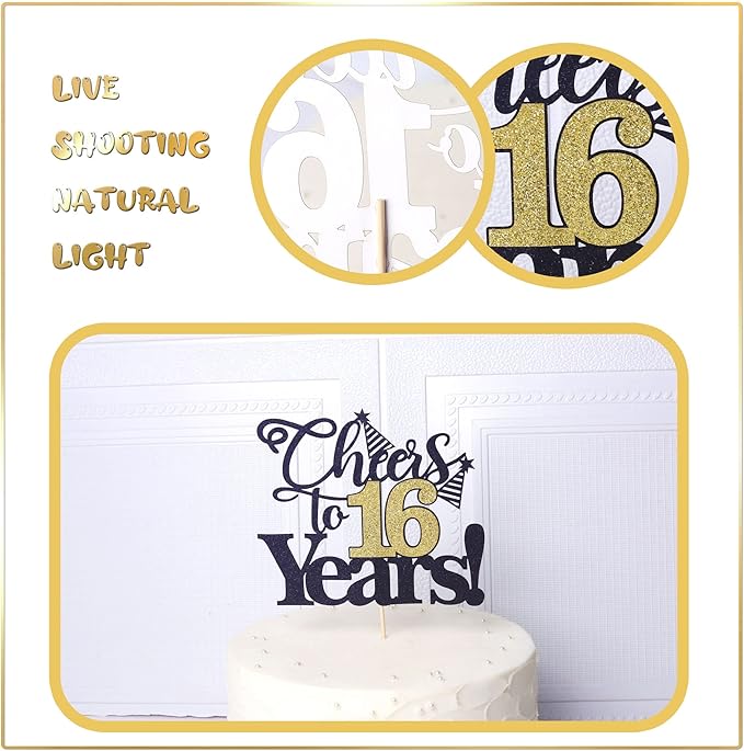 Rsstarxi 1 Pack Cheers to 16 Years Cake Topper Glitter Sixteen Years Old 16th Birthday Cake Pick 16 Fabulous Cake Decorations for Happy 16th Birthday Wedding Anniversary Party Supplies Black