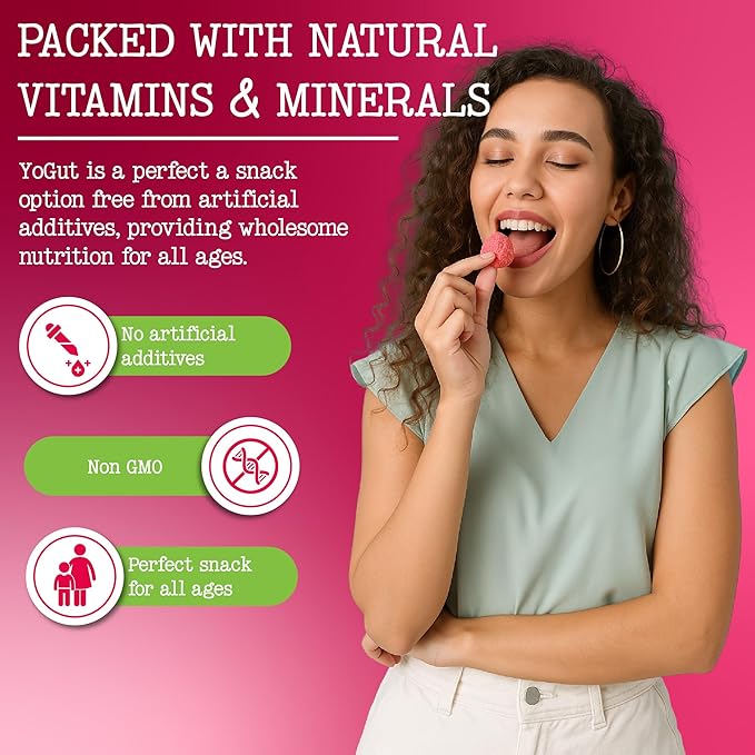 YoGut Freeze Dried Yogurt Snack, Strawberry, 6 Pack, Healthy Snacks for Kids, Toddlers & Adults, Gluten Free, Non GMO, With 5 Billion Live Probiotics, Vitamins & Minerals, Individual Snack Packs