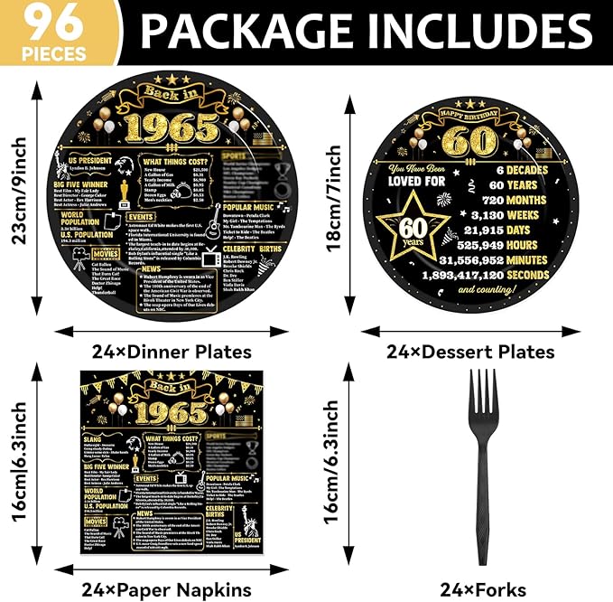 96Pcs 60th Birthday Plates and Napkins Back in 1965 Party Decorations Black Gold 60 Year Old Party Dessert Plates 1965 Tableware for 24 Guests 60th Theme Men Woman Birthday Supplies