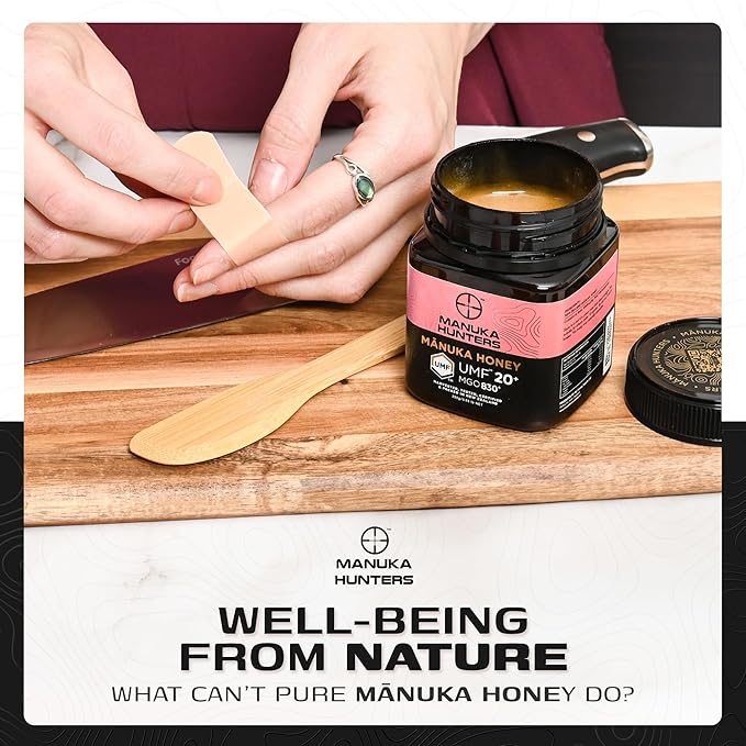 Manuka Hunters UMF 20+/MGO 830+ Certified New Zealand Manuka Honey - 100% Pure Natural Sweetener - Gluten, Dairy Free - Ideal for Tea, Coffee, Smoothies, and Baking - Sustainable - 8.8oz/250g Jar