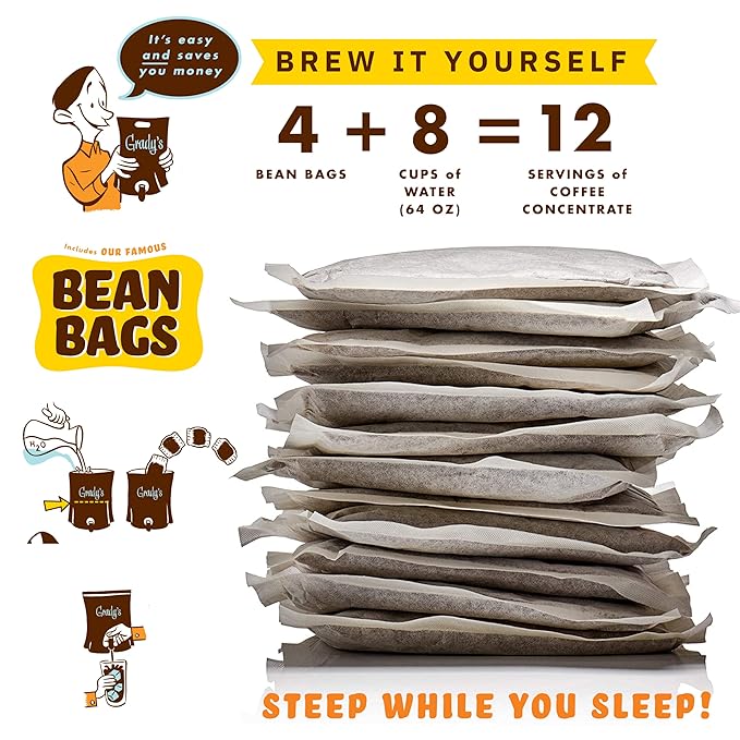 GRADY’S COLD BREW, New Orleans Style, 100% Arabica Ground Coffee & Chicory Pouches, 12 Bundles of 4 Easy-to-Brew Bean Bags, Makes 144 drinks