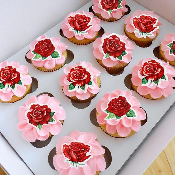 40 PCS Edible rose Cupcake Toppers Wafer Paper Red Rose Flower Cupcake Picks Rose Drink Topper Wedding Engagement Themed Party Valentine's Day Birthday Party Cake Decoration ??"<div>