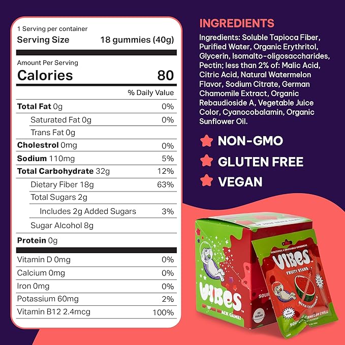 VIBES Cherry Force Field Fruity Stars - Delicious Low Calorie Gluten-Free Bulk Fruit Snacks - High Fiber Healthy Fruit Snacks for Kids, Teens, & Adults -2g Sugar - 6 Packs of 18 Fruit Gummies