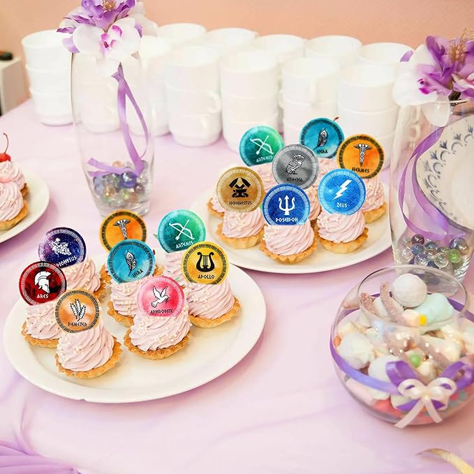 48 Pcs Edible Greek Mythology Cupcake Toppers Wafer Paper Greek Mythology Party Decorations Fit for Drink Topper Greek Gods Birthday, Ancient Greek Party Decor, Percy Jackson Birthday Party Decor