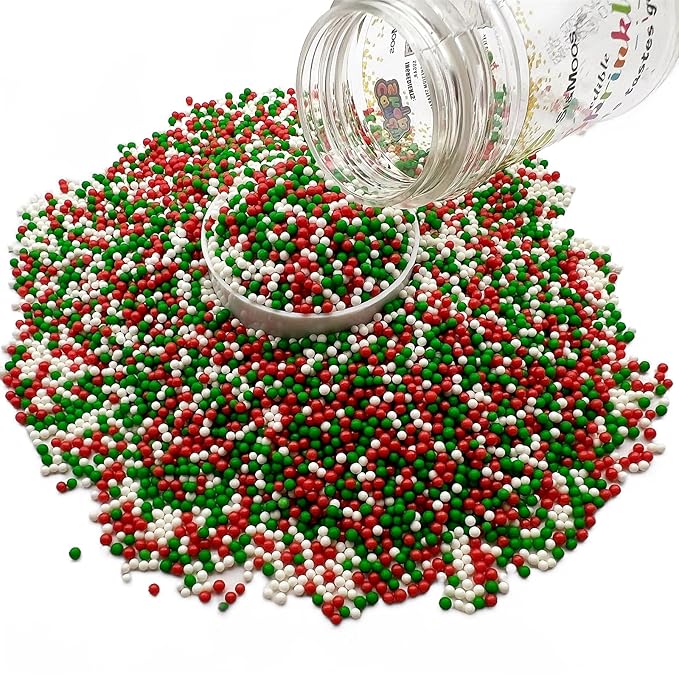 SE Si&Moos Nonpareil Sprinkles, 2mm Red Green White Mini Edible Pearls Red Green and White Sprinkles for Cake Decorating Christmas Cookie Decorations Wedding Shower Party Christmas Holiday Supplies 3.5 OZ