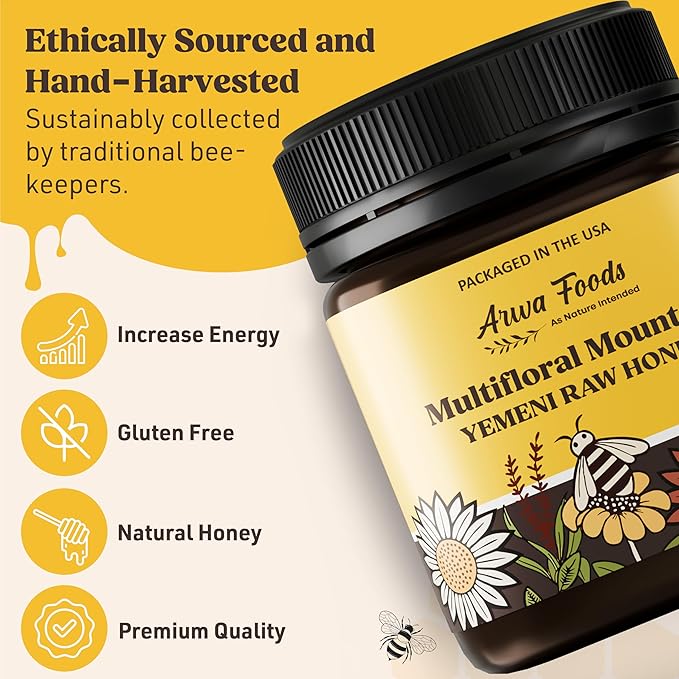 Arwa Foods Multifloral Mountain Yemeni Raw Honey - Royal Yemeni Raw Organic honey from Wadi of Douan - Sealed & Packaged in USA - 100% Unfiltered, Raw & Pure Honey (8.82 oz)