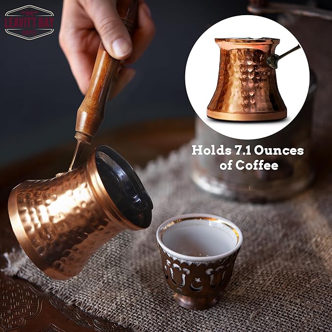 Cezve Turkish Coffee Pot - Hammered Copper Turkish Ibrik - Turkish Coffee Maker - Greek Coffee Maker w/Wooden Handle - Traditional Turkish Gifts or Unique Gifts for Coffee Lovers