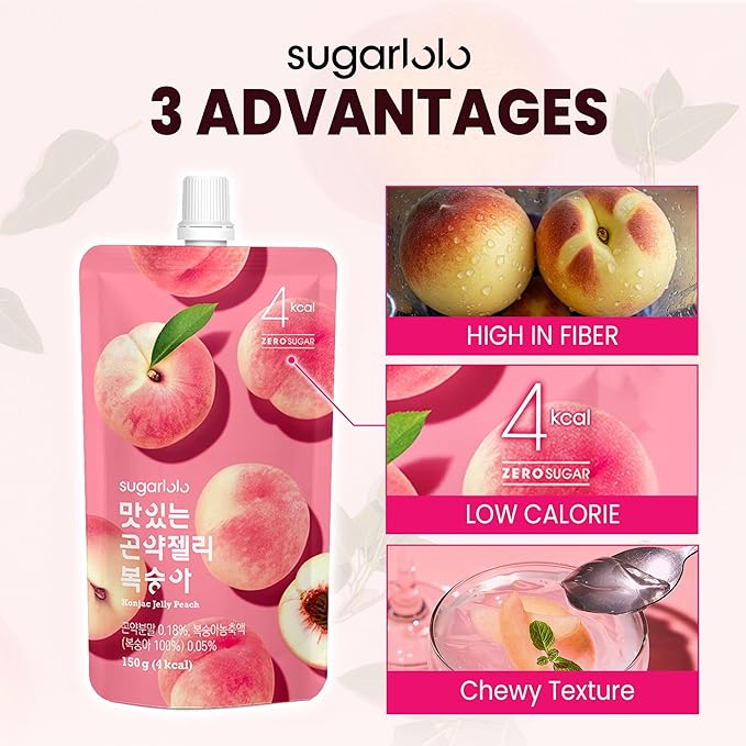 Sugarlolo Konjac Sweet Peach Jelly Snack - Vegan Jello with Zero Sugar | Only 4 Calories per Pouch | Low Calorie Korean Snacks5.29 Oz (150g) | 10 Pack
