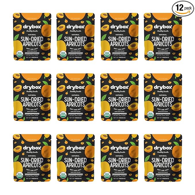 Drybox Unsulfured Sun Dried Turkish Apricots 12 Lunch Packs, Unsweetened No Sugar Added, Non-GMO Organic Dry Apricots for School, Gym, and Office | 2 oz per Portion Pack, 12 Packs Family Size
