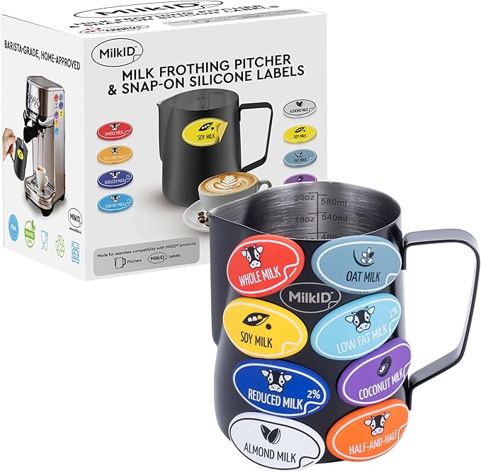 Milk Frothing Pitcher with 8 Allergen Silicone Snap-On Labels | Must-Have Barista Tool | Coffee Bar Accessories & Espresso Accessories Kit | (20oz / Black Pitcher + Labels)