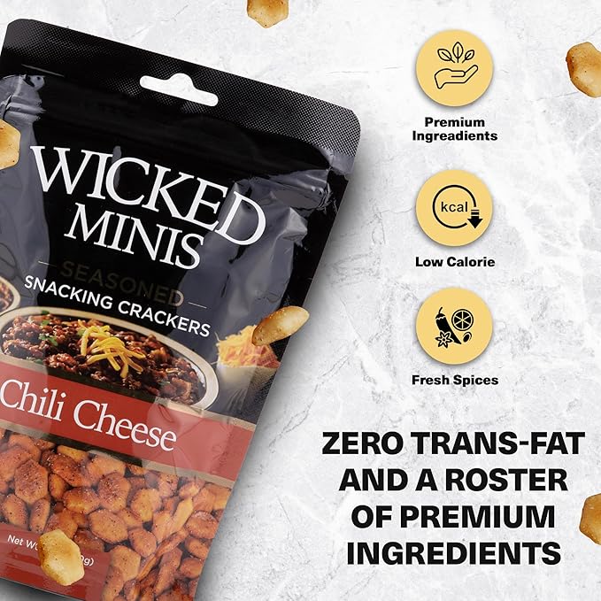 Wicked Minis Soup & Oyster Crackers - Saltine & Salted Flavored Mini Puffed Soup, Savory Snacking Mix, Seasoned Croutons Salad Toppers, Crackers for Chili 6oz (Chili Cheese, Pack of 3)