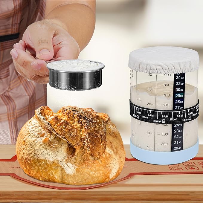 Sourdough Starter Jar,Sourdough Starter Kit with Ounce&ML Scale Line,Date Marked Feeding Band, Thermometer, Sourdough Jar Scraper, Silicone Lid,Cloth Cover & Bamboo Wood Lid(30oz/900ml)