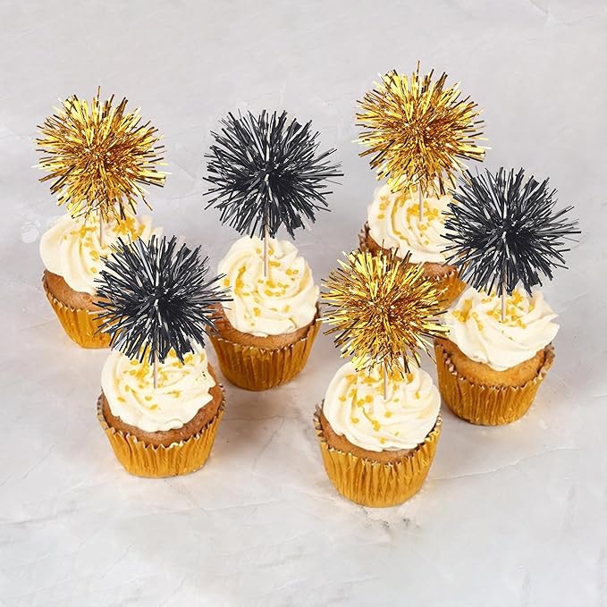 40 PCS Foil Firework Cupcake Toppers Sparkle Tinsel Cupcake Picks Fireworks Birthday Party Decorations Cocktail Fruit Toothpick for Birthday Wedding Graduation Party Decorations Supplies Black Gold