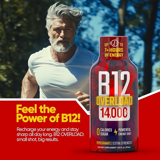 B12 Overload Extra Strength Energy Shot ??Pomegranate ??260mg Caffeine, 14000% B12, Electrolytes ??Energy & Vitality Support ??Zero Sugar No Calories ??Vegan, Kosher, Gluten-Free ??1.93 fl oz, 24-Pack