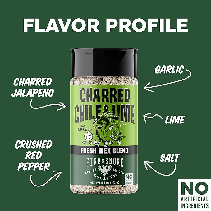 Fire & Smoke Society Charred Chile & Lime Mexican Seasoning | Jalapeno Peppers, Garlic, Salt and Lime | Grilled Chicken, Fish, Flank Steak, Shrimp, Potatoes, Avocados | M 6.8 oz